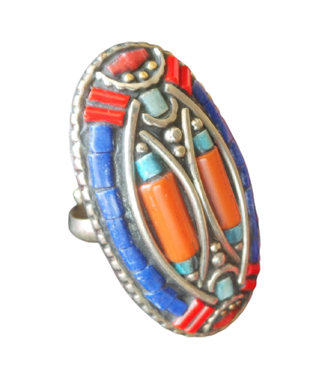 Перстень тибетский ляпис, коралл, бирюза, металл, 4 см.