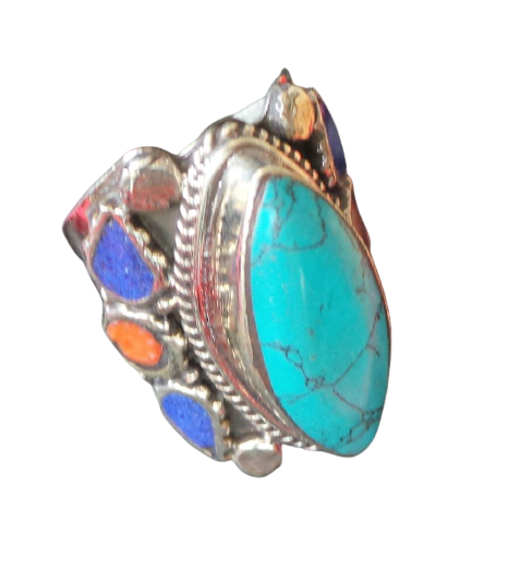 Перстень тибетский бирюза, коралл, ляпис, металл, 4 см.